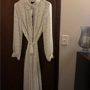 Donna Karan Cream Long Sleeve Pleated Shirt Dress DKNY new with Tags Polka Dot